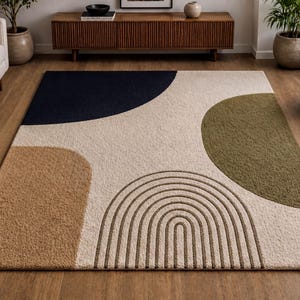 Neutral Wool Rug - Abstract Arch Design with Olive and Black Details, Hand Tufted Beige Area Carpet for Living Room, Bedroom, Office