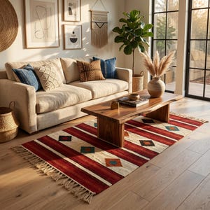 Handwoven Indian Durrie Rug, Flatweave Cotton Southwestern Tribal Doormat, Boho Bedroom Rugs