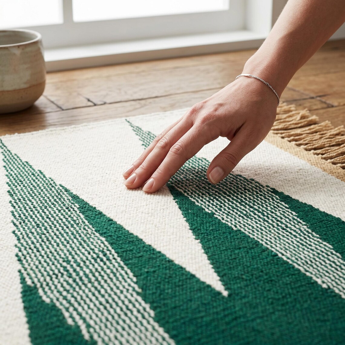 Emerald Geometry Durrie — flatweave durrie rug by Ansari Rugs