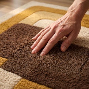 Retro Interlocking Squares Rug | Hand Tufted Mustard Brown Cream Wool | 70s Mid Century Living Room Bedroom Rug
