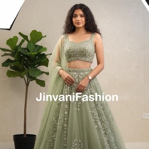 Mintgrönt broderat Lehenga Choli-set, indiskt bröllopsoutfit