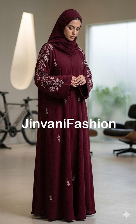Embroidered Maroon Abaya - Luxury Modest Dress for Eid & Weddings - Maroon Kimono