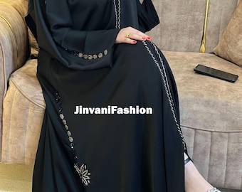 Abaya ricamato modesto, abito caftano con maniche floreali, abbigliamento musulmano modesto