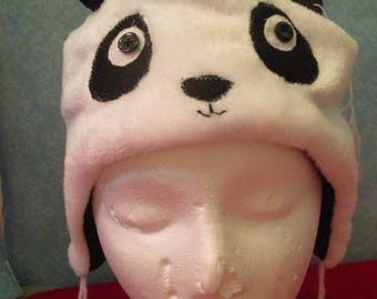 white and black fleece panda hat