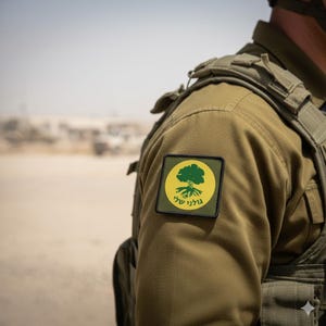 Puede incluir: Primer plano de un parche de hombro de uniforme militar. El parche es cuadrado con un círculo amarillo que presenta un diseño de árbol verde y texto en hebreo. El uniforme es verde oliva, sobre un paisaje desértico.