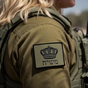 Puede incluir: Primer plano de un hombro de uniforme militar verde oliva. Un parche rectangular con un diseño de corona negra y texto hebreo está cosido en el uniforme. La imagen se centra en el parche y la textura del uniforme.