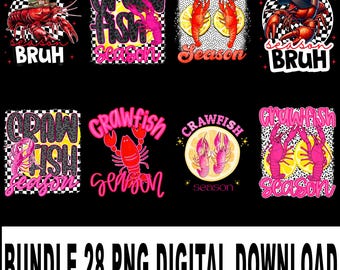 May include: A collection of eight digital designs featuring crawfish illustrations and the phrase "Crawfish Season." Designs include crawfish with hats, lemons, and checkered backgrounds. The text "BRUH" is also included in some designs. The bottom of the image reads "BUNDLE 28 PNG DIGITAL DOWNLOAD."