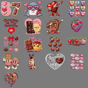May include: A selection of Valentine's Day graphics. Includes a dolphin with heart-shaped glasses, chocolate bars, strawberries, and heart-shaped sweets with phrases like "Be Mine" and "XOXO." Also features a German Shepherd.