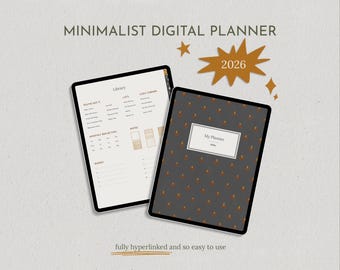 Puede incluir: Dos tabletas digitales que muestran un planificador minimalista. Una tableta muestra una página del planificador con listas y notas. La otra tableta muestra la portada del planificador con el texto "My Planner 2026". La imagen incluye el texto "Minimalist Digital Planner" y "fully hyperlinked and so easy to use".