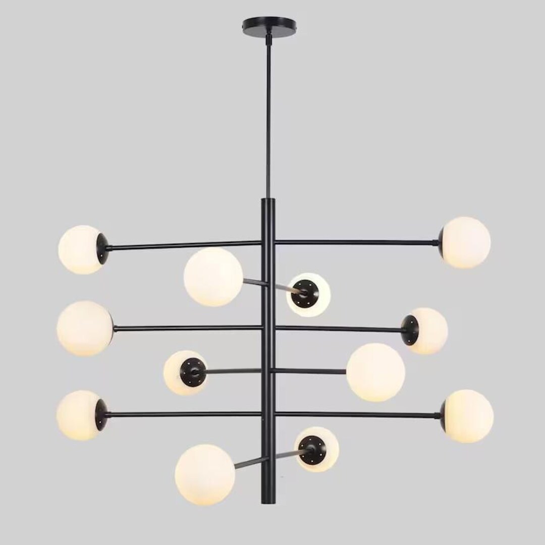 Modern Black Sputnik Chandelier - Opal Glass Globe Ceiling Light - Mid ...