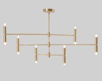 12-Light Italian Style Sputnik Chandelier: Brushed Brass Mid Century Modern Ceiling Fixture Stilnovo Inspired Living Room Pendant Light