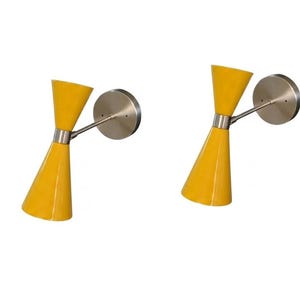 Paire d'appliques murales modernes Mid-Century coniques jaunes : lampe murale vintage de style italien finition chrome brossé couloir chambre luminaire