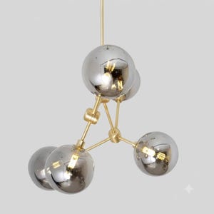 Lustre moderne à 5 globes - Suspension moléculaire Mid-Century en laiton et chrome - Plafonnier Spoutnik pour salle à manger, salon