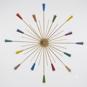 May include: A starburst chandelier featuring a central brass hub with numerous radiating thin metal rods. Several rods are tipped with conical shades in various colors including red, blue, green, yellow, purple, and tan, each holding a small light bulb.