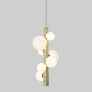 Brass Seven Globe Chandelier: Modern Milky Glass Pendant, Long Staircase Hanging Light, Mid Century Multi-Orb Light for High Ceilings