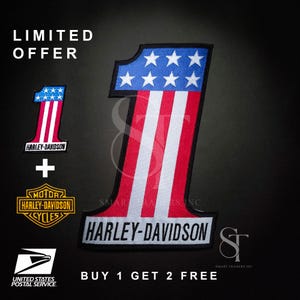May include: A Harley-Davidson patch shaped like the number one, with a blue top section with white stars and red and white stripes. The text "HARLEY-DAVIDSON" is at the base. The image also includes a smaller patch and logo.