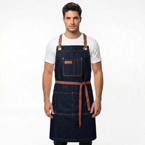 Dark Indigo Denim Work Apron | Yellow Contrast Double Stitching | Brass Grommets & Rivet Hardware