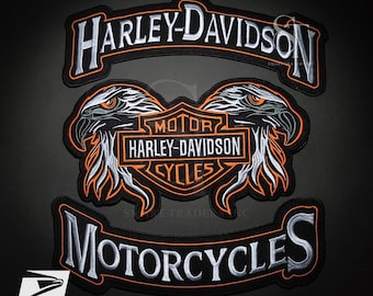 3 Piece Harley Davidson Double Eagle Orange Embroidery Patch Set Iron On Sew On