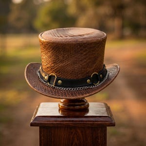 Python Print Leather Top Hat Steampunk Gambler Chain Fedora, Western Biker Accents