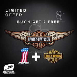 May include: Embroidered Harley-Davidson patches in orange, tan, and black. The image includes a large winged logo, a number one patch with the American flag design, and a smaller logo. Text reads "LIMITED OFFER BUY 1 GET 2 FREE".