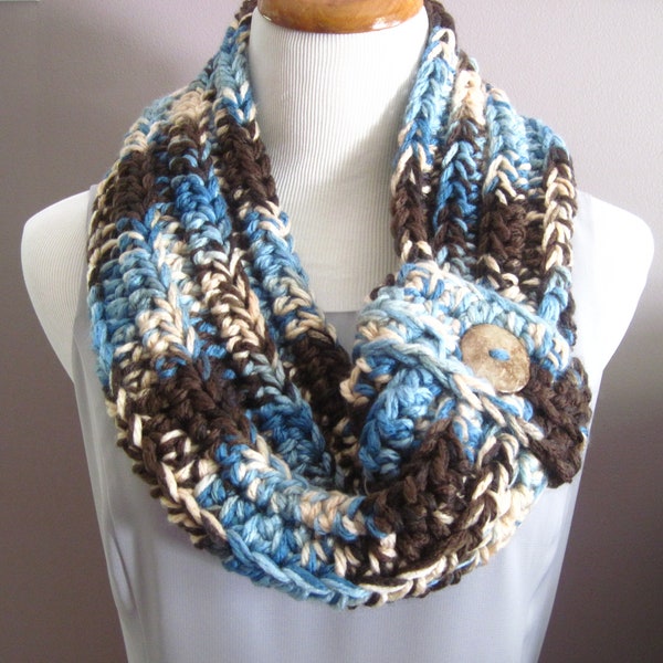 Chunky Bulky Button Crochet Cowl:  Wedgewood Blue, Brown & Tan with Brown Speckled Button