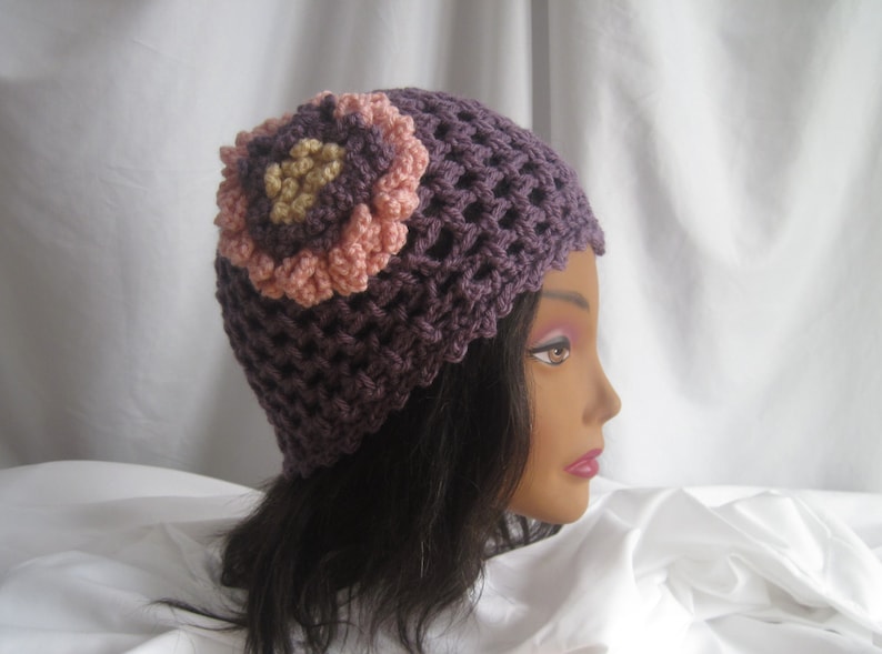 Hat Womans Mauve Crochet Hat with Pink Loopy Flower Applique Stylish Trendy and Lacy Cap Handmade Fashion Accessory Chic