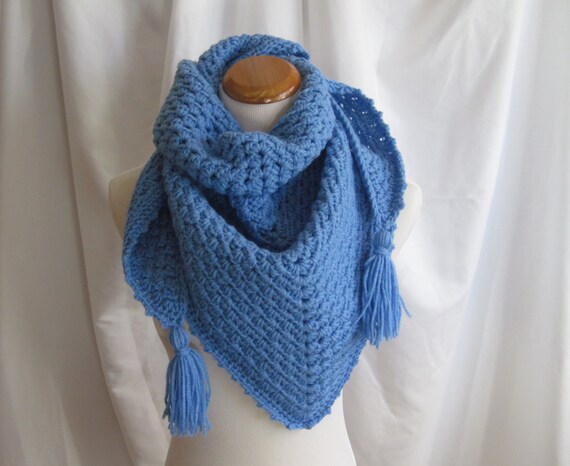 Crochet Triange Scarf Shawl Blue With Tassels | Etsy