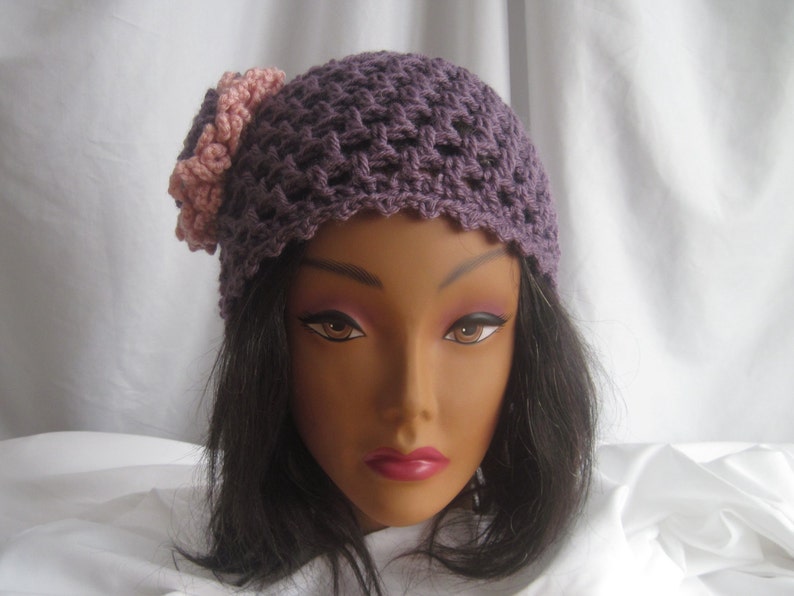 Hat Womans Mauve Crochet Hat with Pink Loopy Flower Applique Stylish Trendy and Lacy Cap Handmade Fashion Accessory Chic