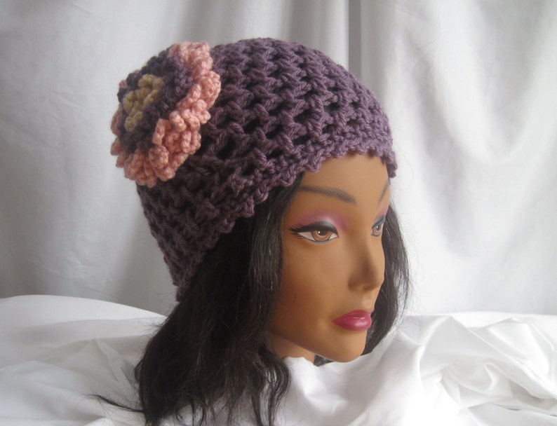 Hat Womans Mauve Crochet Hat with Pink Loopy Flower Applique Stylish Trendy and Lacy Cap Handmade Fashion Accessory Chic