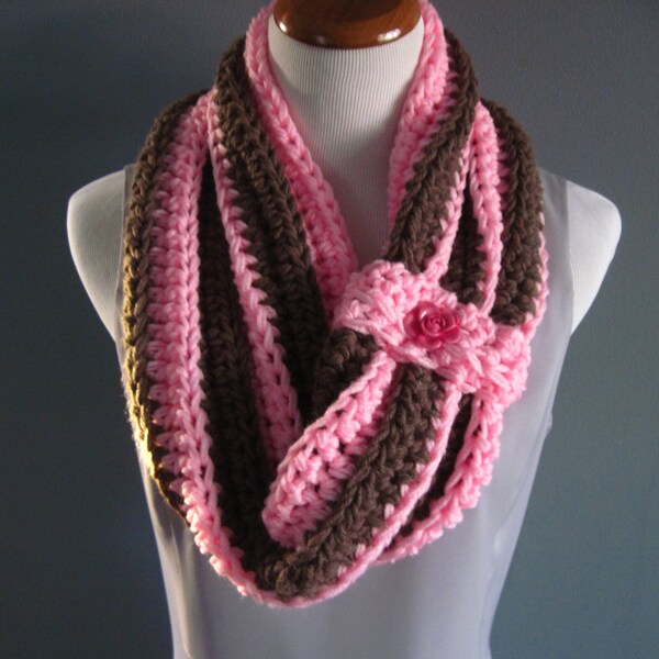 Chunky Bulky Button Crochet Cowl:  Pink and Brown with Rose Flower Button