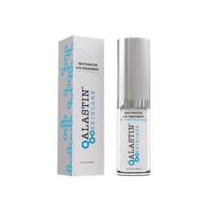 May include: A white box and a silver tube of Alastin Skincare Restorative Eye Treatment. The box and tube have the brand name and product information printed in black and blue. The tube contains 0.5 fl oz or 14.8 ml of product.