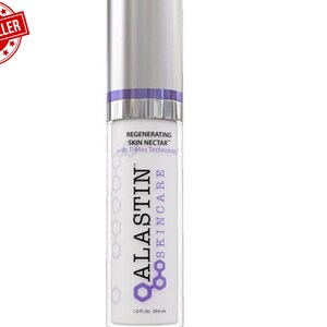 May include: A white and silver skincare product bottle with the text "ALASTIN SKINCARE" and "Regenerating Skin Nectar". The bottle has a purple accent and a silver cap. A "BEST SELLER" sticker is in the upper left corner. The bottle contains 1.0 fl oz, or 29.6 ml.