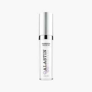 May include: A clear skincare product bottle with a silver cap. The bottle has the text "Regenerating Skin Nectar" and "alastin skincare" printed on it. The bottle contains 1.0 fl oz, or 29.6 ml, of product.