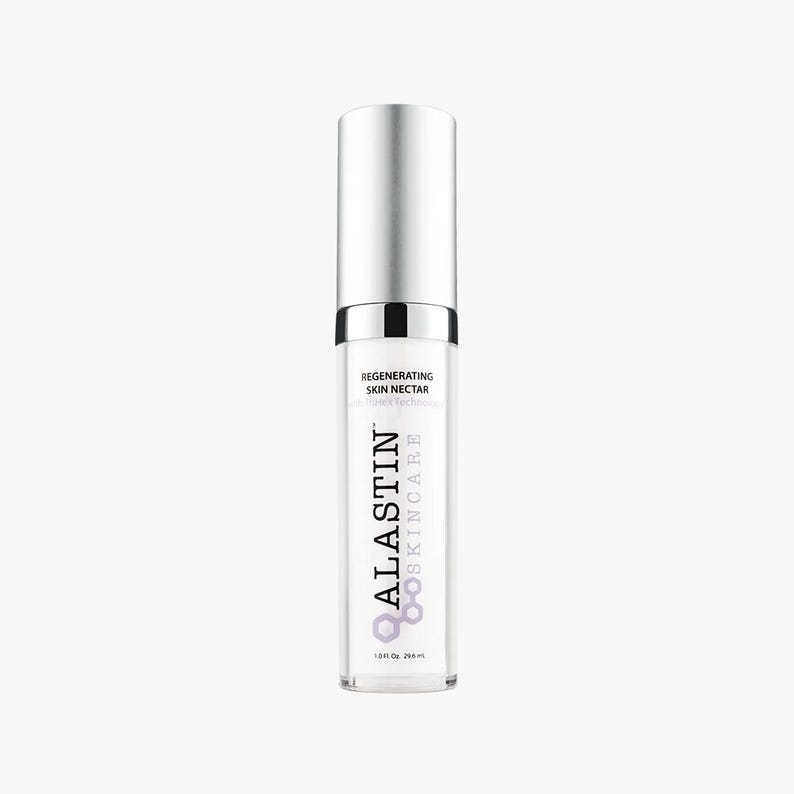 May include: A clear skincare product bottle with a silver cap. The bottle has the text "Regenerating Skin Nectar" and "alastin skincare" printed on it. The bottle contains 1.0 fl oz, or 29.6 ml, of product.