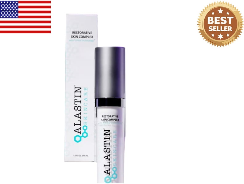 May include: A skincare product with a silver cap and a white and purple label. The product is labeled "Restorative Skin Complex" and "Alastin Skincare". The packaging includes a box with the same branding and text. A "Best Seller" seal is in the upper right corner.