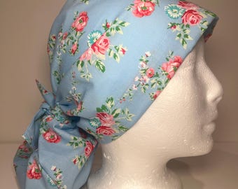 Blue Floral Scrub Cap | Vintage Rose Print Ponytail Nurse Hat | Satin Lining Optional | Handmade