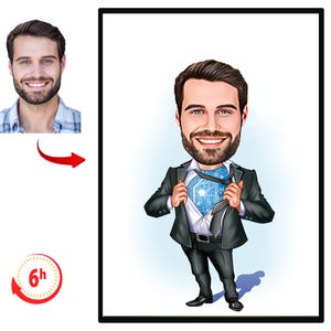 Könnte beinhalten: Eine gerahmte Karikatur eines Mannes im Anzug, der ein Leiterplattendesign auf seiner Brust enthüllt. Das Bild enthält ein Kopfporträt des Mannes und ein 6-Stunden-Uhrensymbol. Die Karikatur hat einen großen Kopf und übertriebene Gesichtszüge.