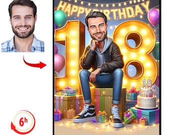 Custom 18th Birthday Cartoon Portrait, Personalized Gift