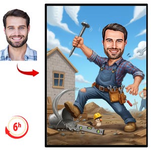 Puede incluir: Ilustración de dibujos animados de un hombre como trabajador de la construcción, balanceando un clavo con un martillo. Lleva una camisa a cuadros, un mono azul y un cinturón de herramientas. Una pequeña casa y un pájaro con un casco también están en la imagen. La imagen también incluye una foto del hombre.