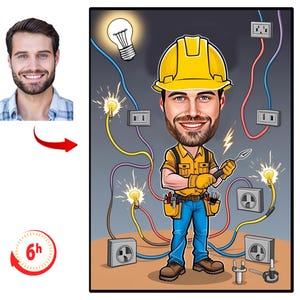 Anpassat elektrikertecknat porträtt, personlig gul karaktärskarikatyr, rolig trådarbetare eller linjearbetare-present, elingenjörskonst