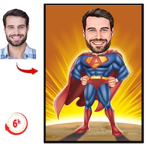 May include: A digital caricature of a man as a superhero, wearing a blue and red costume with a red cape. The image includes a side-by-side comparison of the man's photo and the caricature. The background is a burst of yellow and orange light.