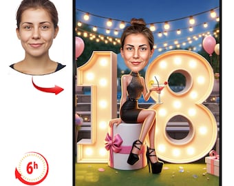 Custom 18th Birthday Caricature Portrait, Personalized Cartoon (Digital)