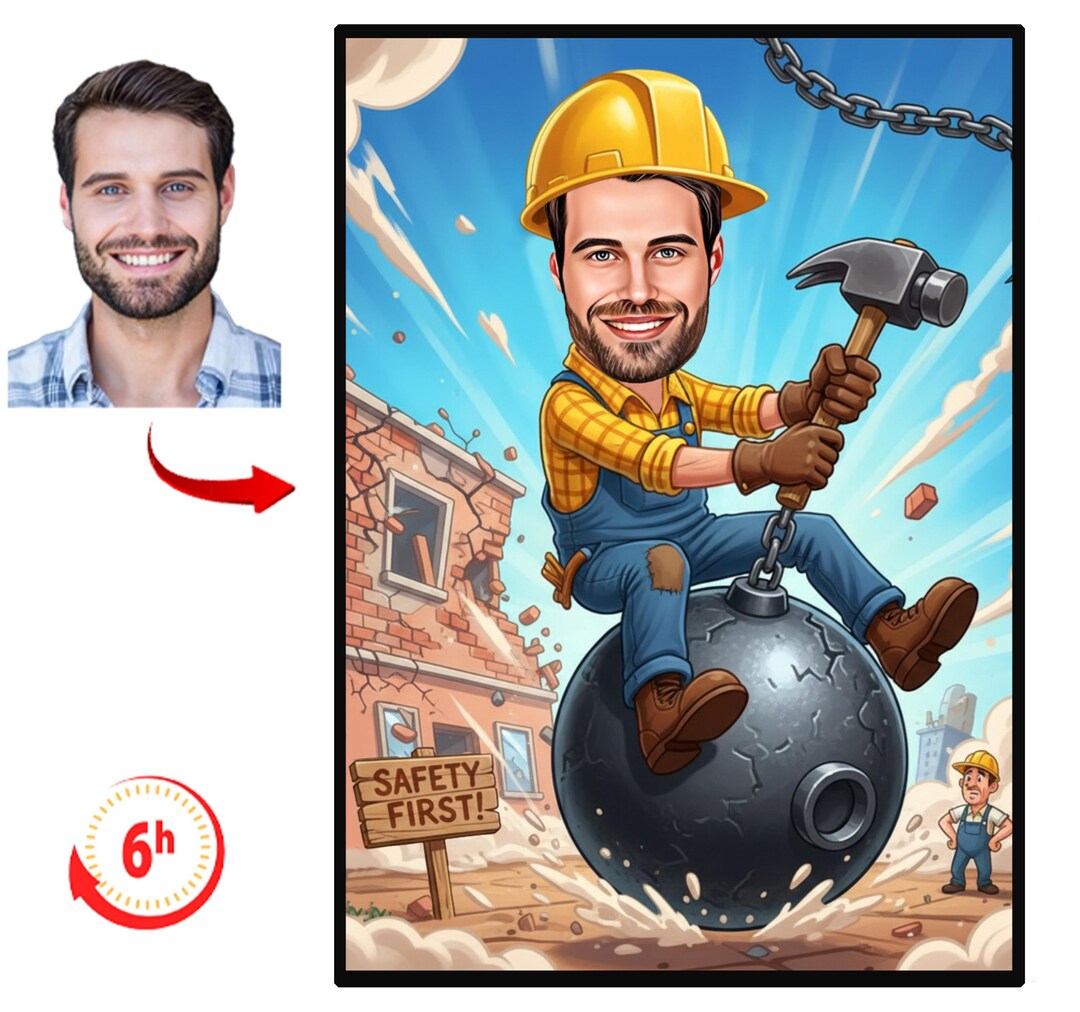 Custom Construction Worker Caricature | Personalized Cartoon Portrait ...