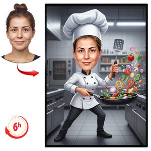 May include: Cartoon illustration of a chef in a white uniform and hat, holding a spatula and a pan with vegetables. The chef is in a commercial kitchen setting. A woman's face is on the left, with a red arrow pointing to the chef.
