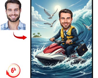 Custom Jet Ski Cartoon Portrait | Personalized Jet Skier Caricature from Photo | Funny Jet Ski Gift for Him | Water Sports Digital Art