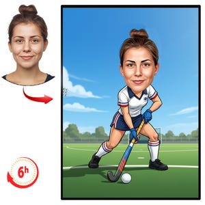 Puede incluir: Ilustración de dibujos animados de una mujer jugando al hockey sobre hierba. Lleva un uniforme blanco y azul marino, guantes azules y zapatos negros. El fondo muestra un campo verde, cielo azul y una bola de hockey.