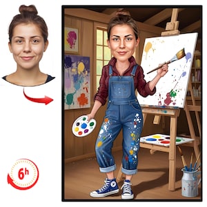 May include: Cartoon illustration of a woman artist in a studio. She wears denim overalls and a red plaid shirt, holding a paintbrush and a palette. Paint splatters decorate her overalls and the canvas on the easel. A 6h clock icon is in the lower left.