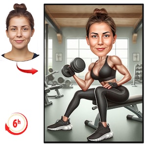 May include: Digital caricature of a woman in a gym setting. She is holding a dumbbell, wearing black workout clothes, and sitting on a bench. The image includes a before and after comparison and a 6-hour turnaround time graphic.