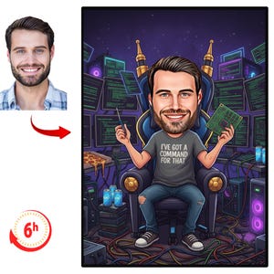 May include: Cartoon portrait of a man with a large head, wearing a gray t-shirt with the text "I've got a command for that." He is seated in a throne-like chair, holding a screwdriver and a circuit board. The background features computer screens and cables.