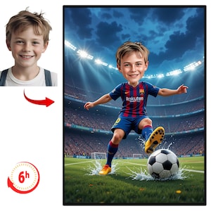 以下が含まれることがあります： 緑のフィールドでサッカーボールを蹴るサッカーユニフォームを着た少年のデジタル似顔絵。少年は前面に「Rakuten」という言葉が入った青と赤のストライプのジャージを着ています。背景には観客でいっぱいのスタジアムが写っています。